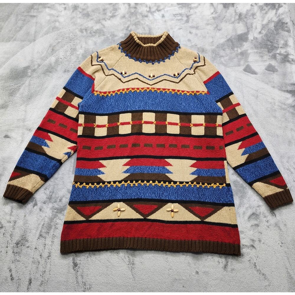 Vintage Lizsport Sweater Women S Geometric Southwest Mock Neck Tunic Wood Beaded